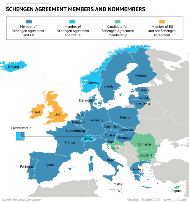 Синим и голубым обозначены страны ЕС входящие в Шенгенскую зону и страны, которые не являются членами ЕС, но которые входят в Шенгенскую зону